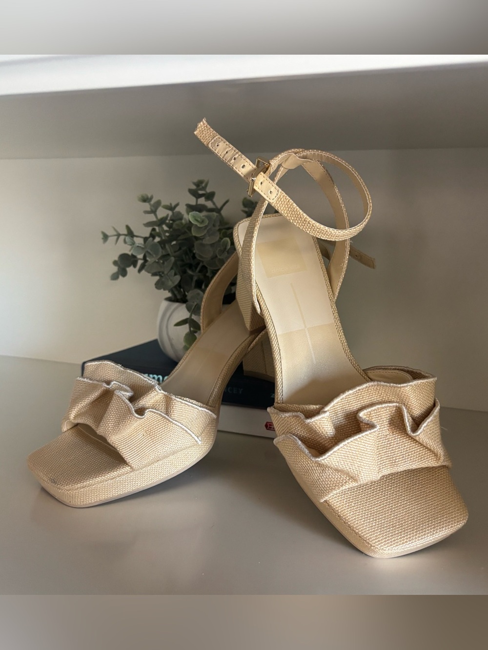 Dolce Vita Beige Ruffle Ankle-Strap Block Heels